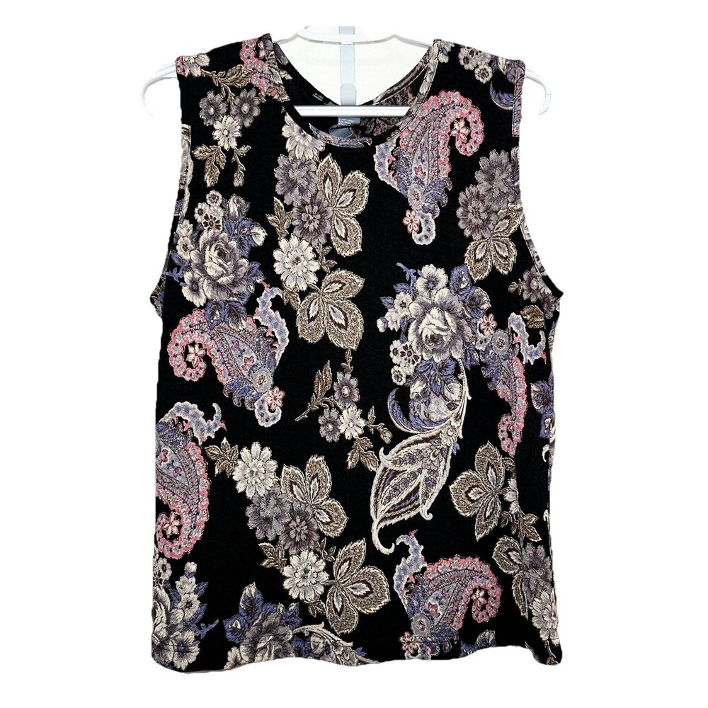 Koret Floral Paisley Sleeveless Blouse Black Stretch Tank Top L
